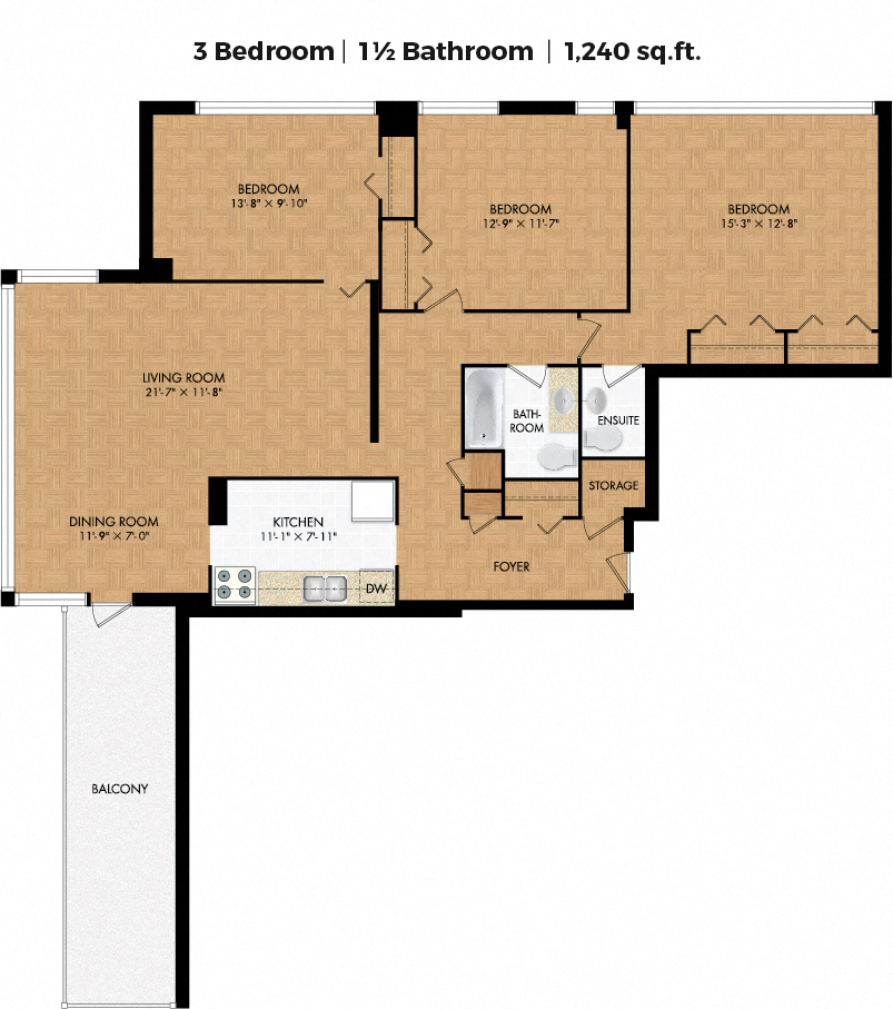 Floor plan for 3 beds, 1.5 baths, 1240 sqft